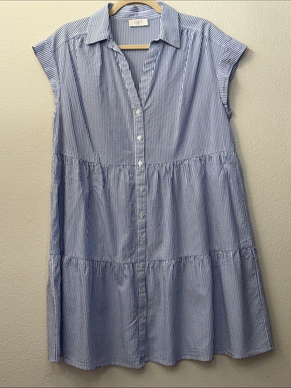 LOFT Blue & White Striped Tiered Button-Front Mini Dress